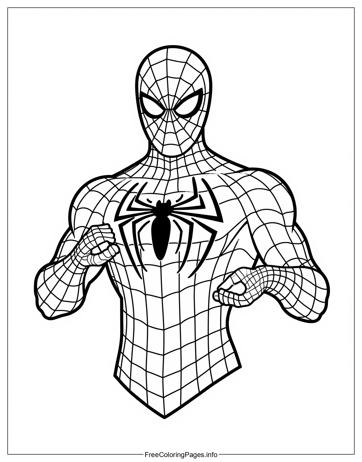 Spiderman Character Design in Black and White Line Drawing Style - Free Printable Coloring Book Page for Children