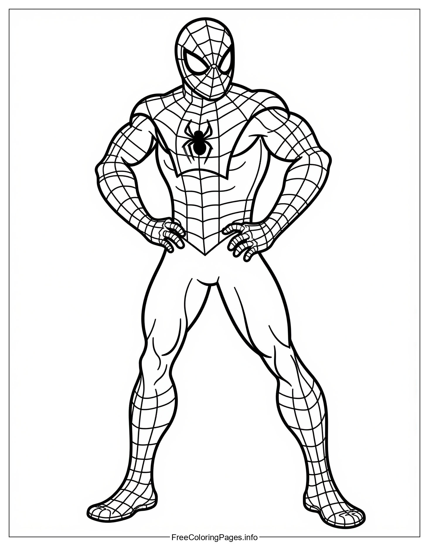 Coloring Page of a Muscular Spider-Man Standing with Hands on Hips, Perfect for Young Artists to Develop Their Skills
