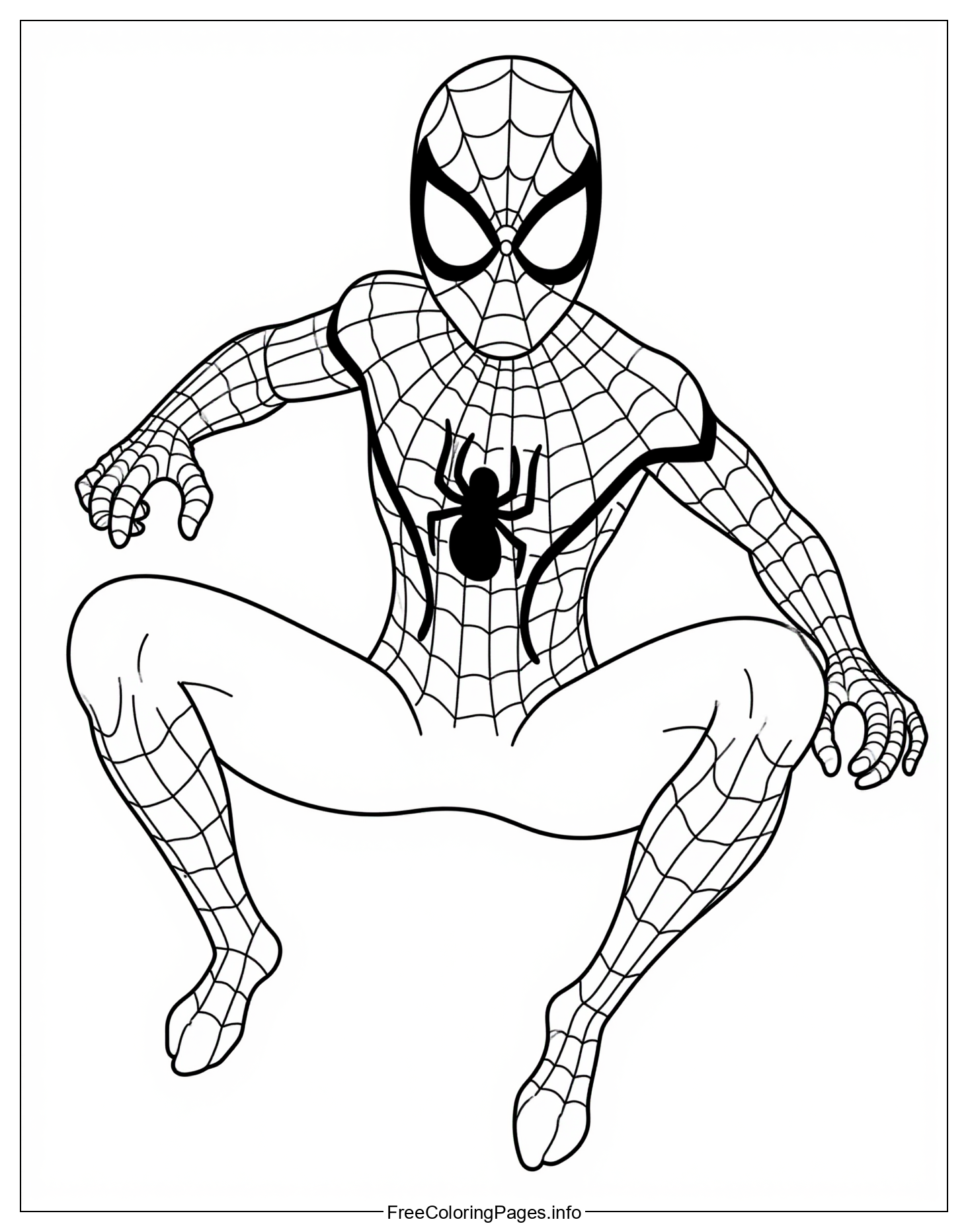 Spiderman Action Pose: A High-Quality, Free Coloring Page Featuring the Iconic Superhero in Mid-Leap, Perfect for Fans of All Ages to Enjoy and Express Their Creativity